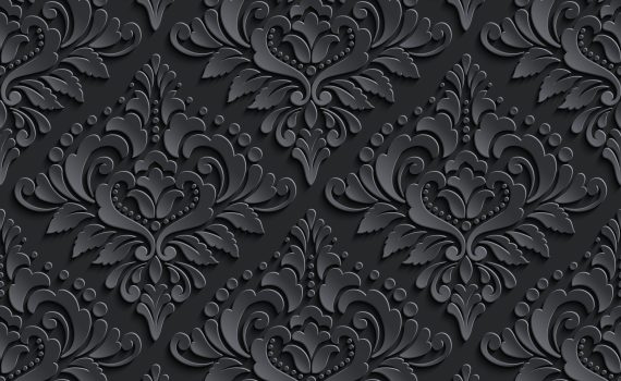 Vector dark damask seamless pattern background. Elegant luxury texture for wallpapers, backgrounds and page fill. 3D elements with shadows and highlights. Paper cut.